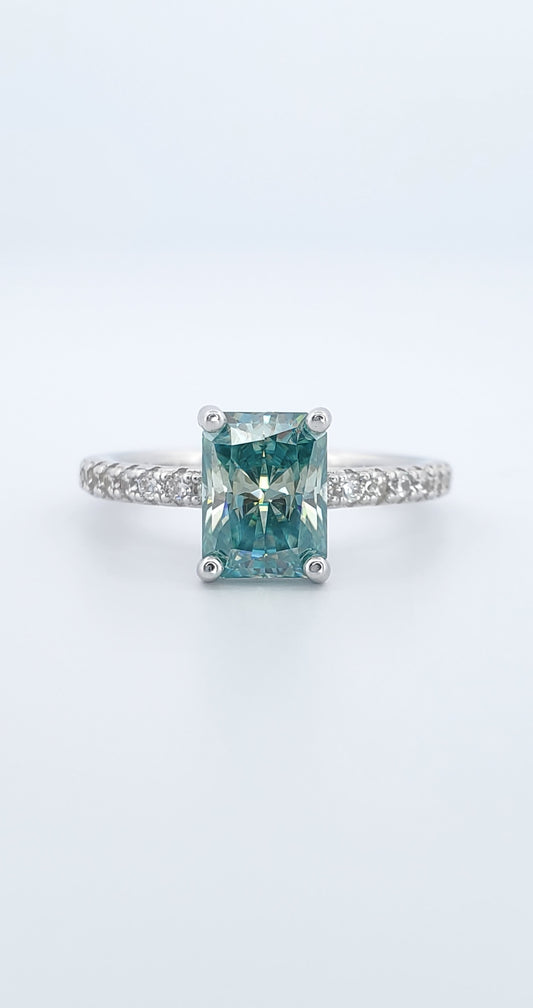 2ct Blue-green Radiant Cut Moissanite Ring 750 Platinum