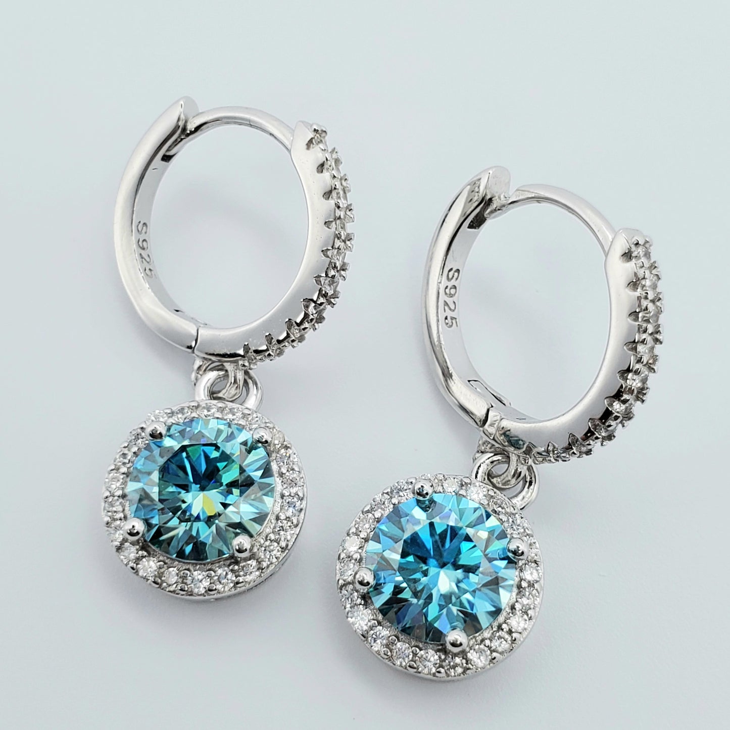 2ct (1ct each) Round Cut Blue Moissanite Drop Earrings 925 Sterling Silver