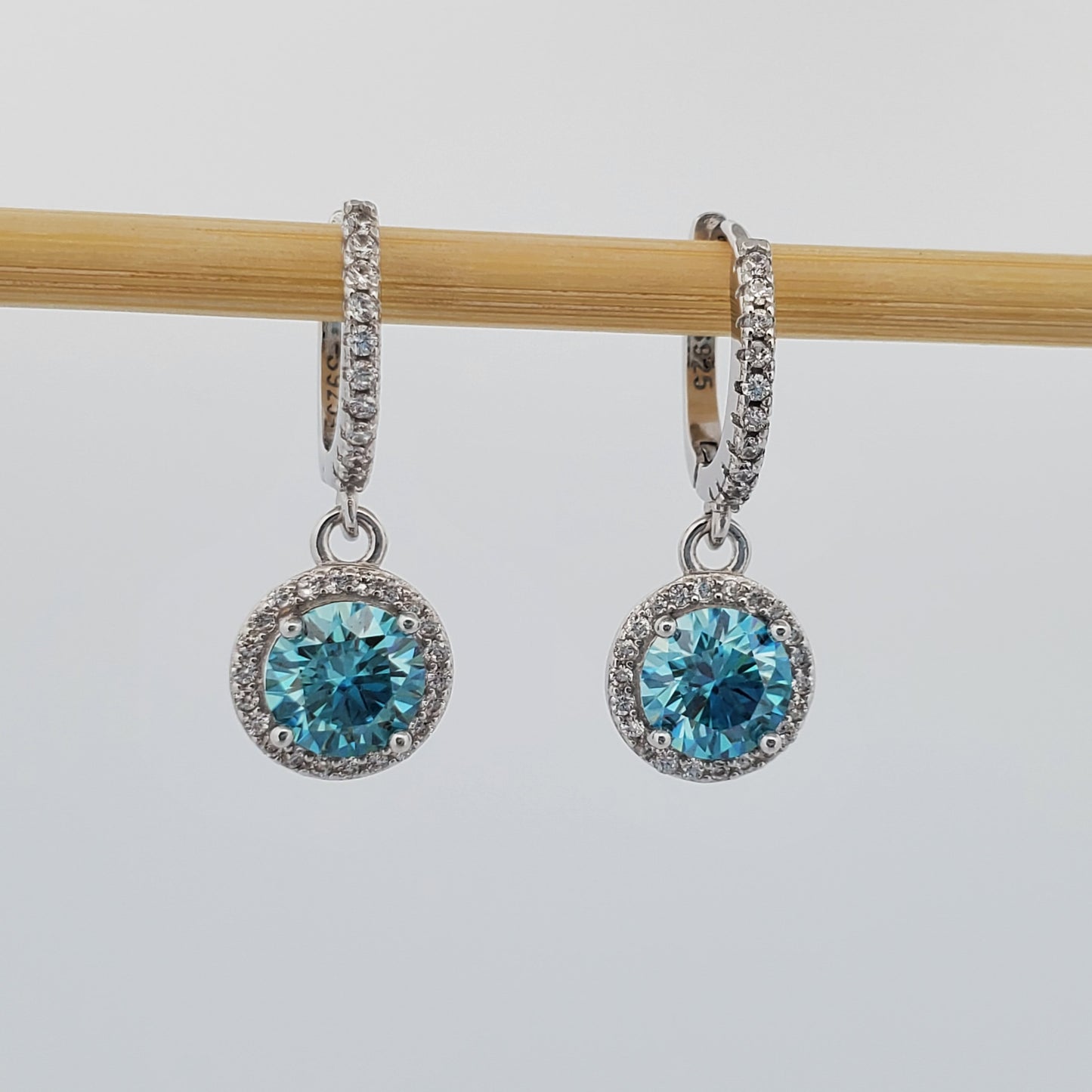 2ct (1ct each) Round Cut Blue Moissanite Drop Earrings 925 Sterling Silver